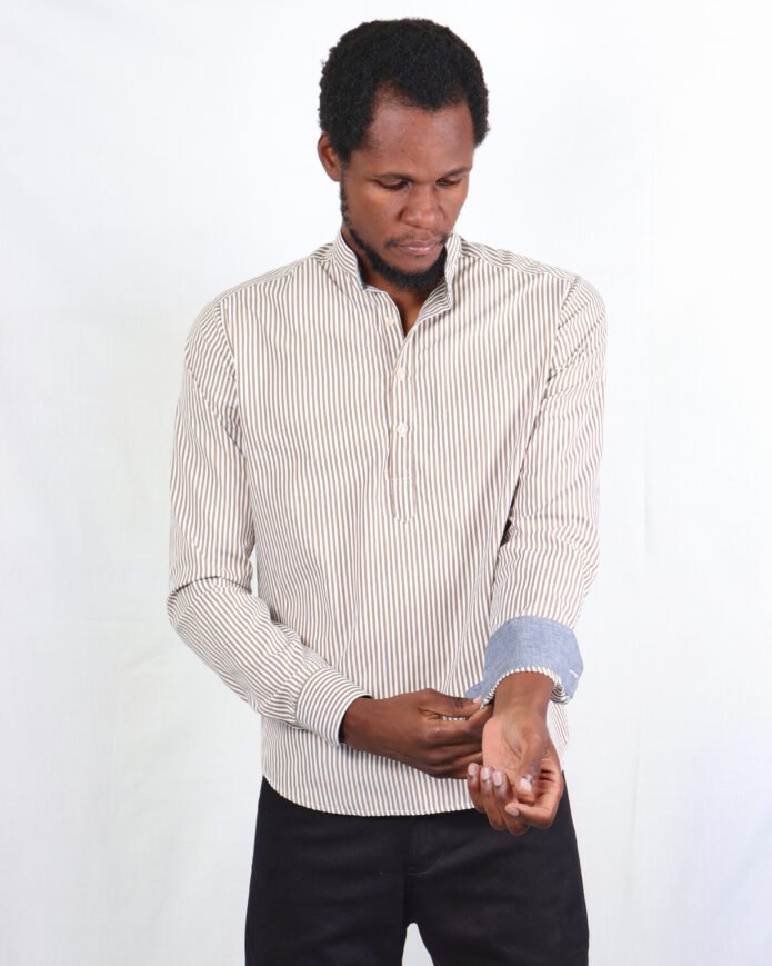 Brown Tripped Chinese Collar Long Sleeve Men's Cotton Shirt - Image 3