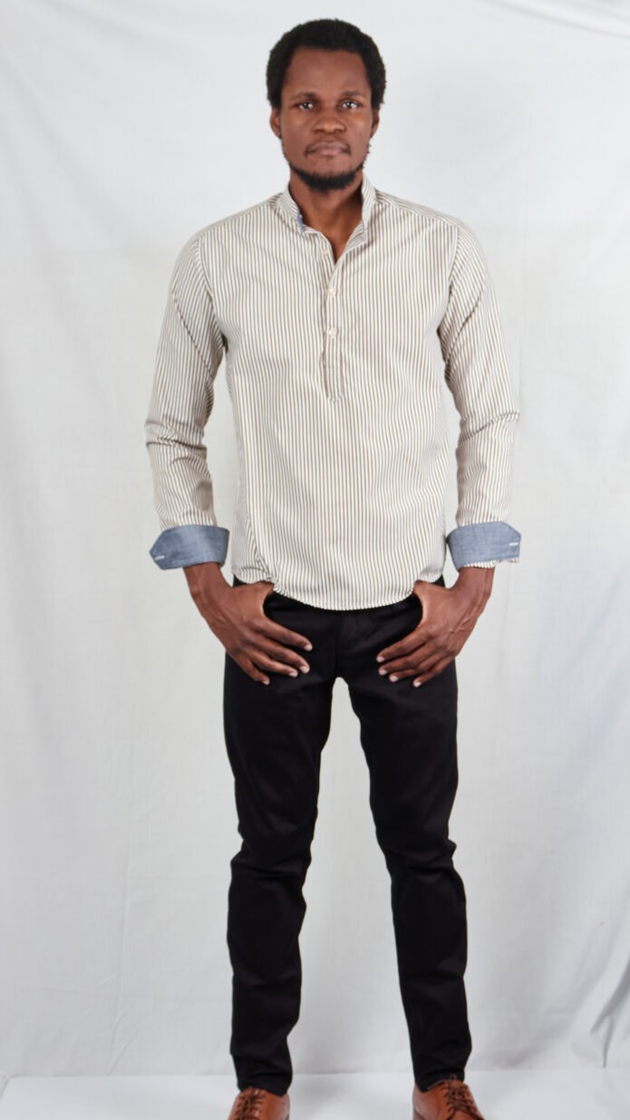 Brown Tripped Chinese Collar Long Sleeve Men's Cotton Shirt - Image 4