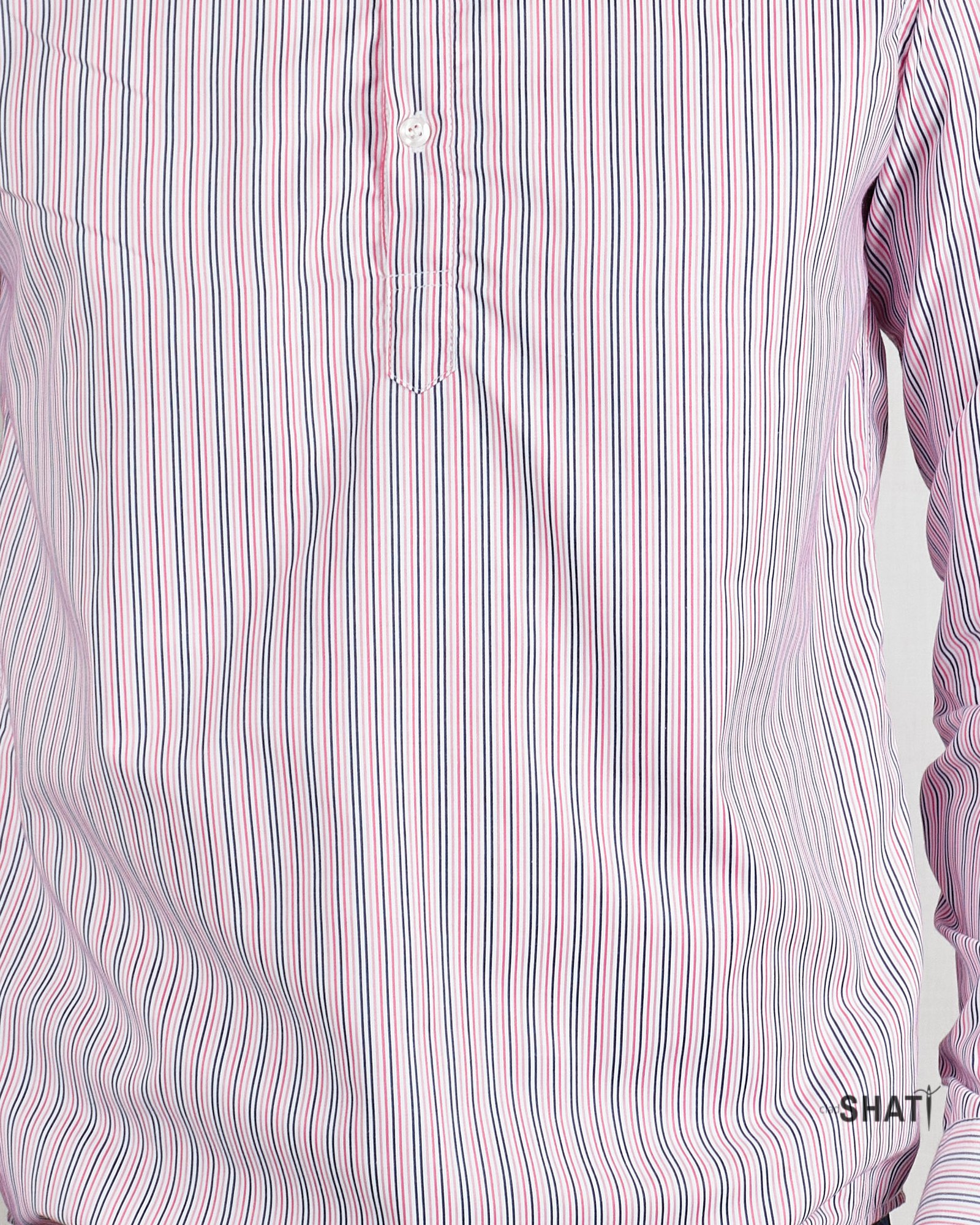 Pink Striped Popover Shirt with Chinese Collar Men's Shirt - Image 2