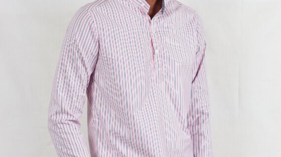 Pink Striped Popover Shirt with Chinese Collar Men's Shirt