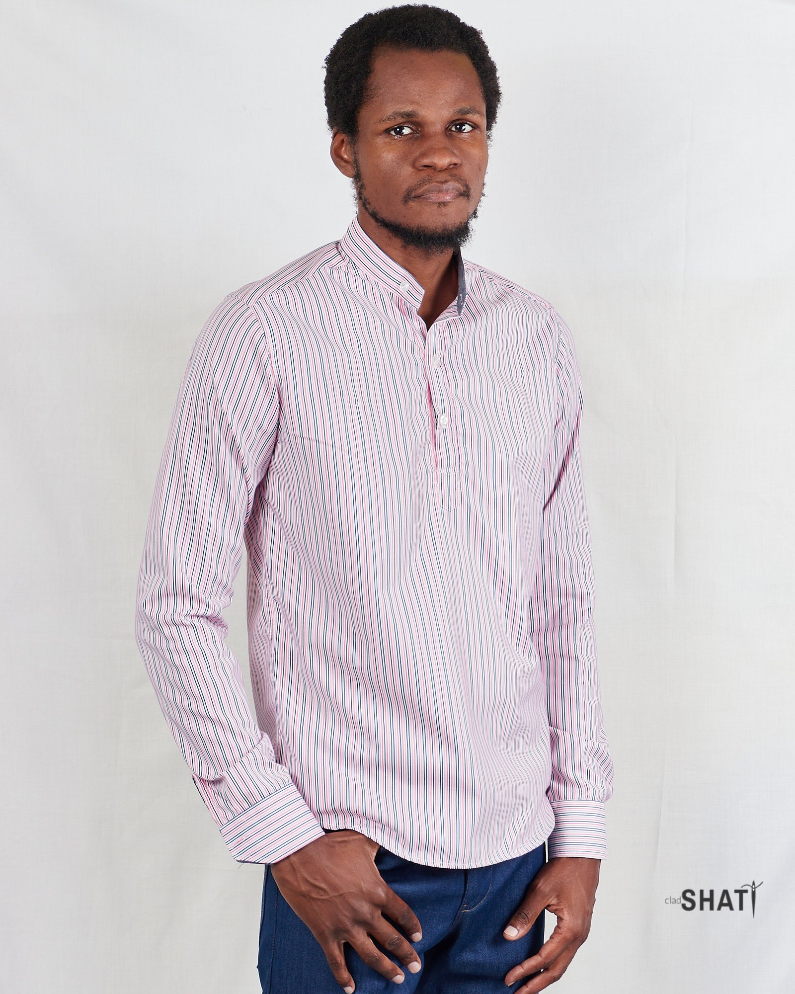 Pink Striped Popover Shirt with Chinese Collar Men's Shirt