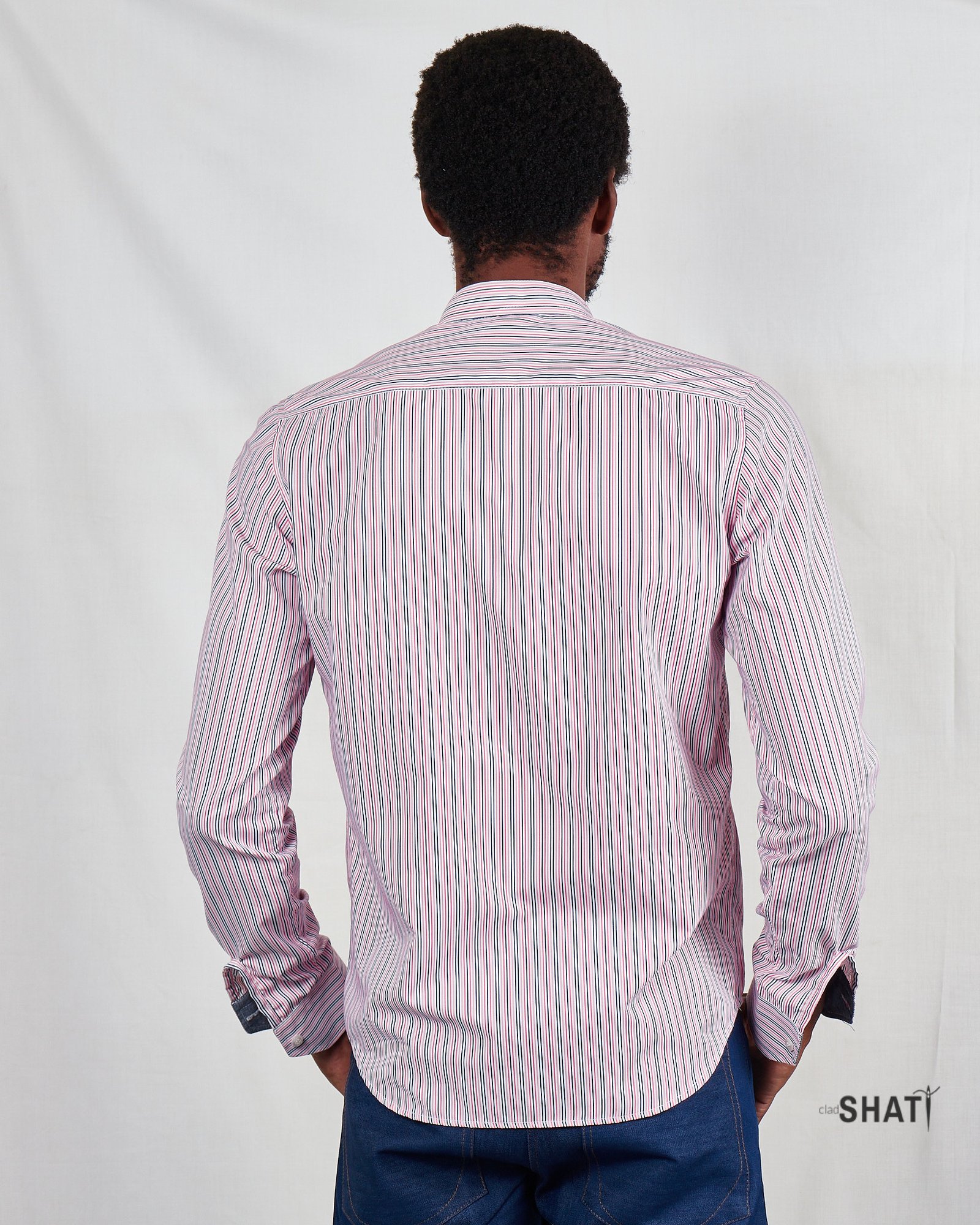 Pink Striped Popover Shirt with Chinese Collar Men's Shirt - Image 3