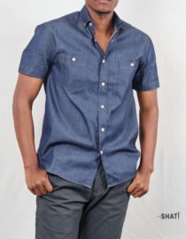 Blue denim two pocket short sleeved button down shirt