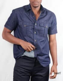 Darkwash Denim/Jeans short sleeved two pocket Men's Utility shirt