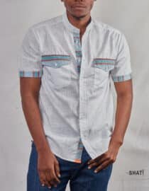 Made in Kenya | Men’s White Linen & Striped Kikoi Short Sleeve Shirt – Chinese Collar & Button-Down Front