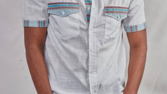 Made in Kenya | Men’s White Linen & Striped Kikoi Short Sleeve Shirt – Chinese Collar & Button-Down Front