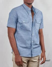 Two pocket Blue chambray denim Men's button down shirt