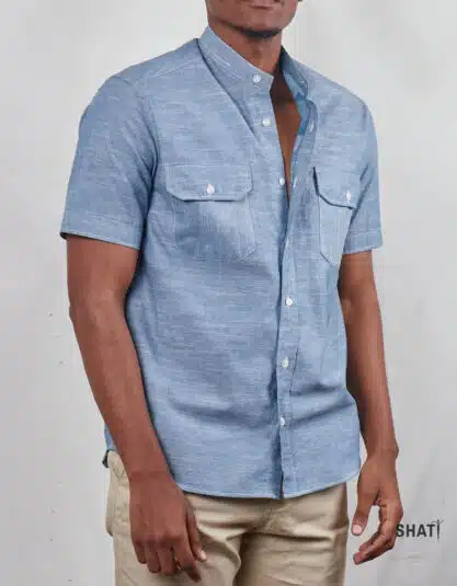 Two pocket Blue chambray denim Men's button down shirt
