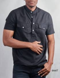 Black Linen Pop-over Band/Chinese collar Short Sleeved Men's  Two Pocket Shirt
