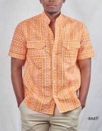 Two pocket orange tribal short Sleeved Chinese/band collar mens shirt