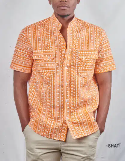 Two pocket orange tribal short Sleeved Chinese/band collar mens shirt