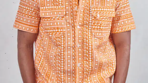 Two pocket orange tribal short Sleeved Chinese/band collar mens shirt