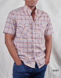 Orange Blue Checked Two Pocket Short-Sleeved Shirt