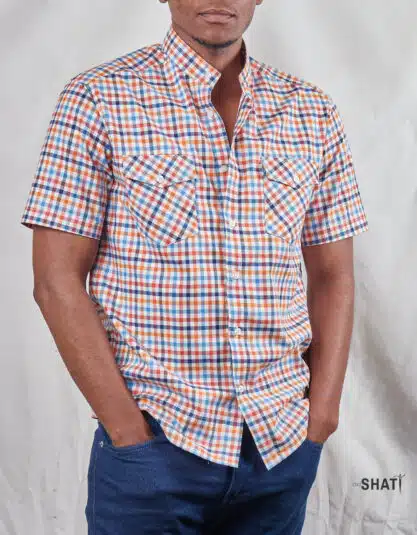 Orange Blue Checked Two Pocket Short-Sleeved Shirt